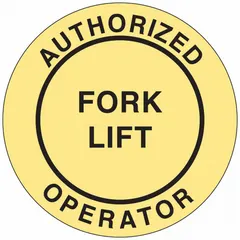 Non-reflective hard hat label identifying authorized forklift operators. 2-inch diameter, printed in English. Pack of 4 labels.