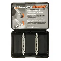 Double-ended extractor bit set for removing broken or stripped screws from metal, wood, or plastic. Includes one #1/#2 bit with #4 to #10 capacity and one #10 to 1/4 in capacity bit. For use with a drill or driver in automotive, machinery repair, and general maintenance tasks.