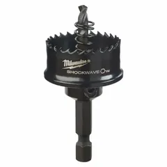 This bi-metal hole saw with attached arbor cuts through wood, metal, and plastic. It has a 1-1/8 in diameter, 8 teeth per inch, and a maximum cutting depth of 1/8 in. Suitable for general construction and industrial applications requiring clean holes in multi-material surfaces.