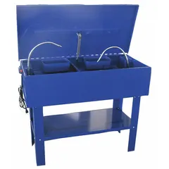 This flush-type parts washer features a steel tank with a 40-gallon fluid capacity for water-based solutions. It operates on 120V and is UL Listed. The unit is designed for cleaning grease, oil, and debris from industrial components in maintenance and repair environments.
