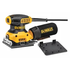 This corded 1/4-sheet sander operates at a fixed speed of 14,000 RPM and is powered by 115 V. It features a palm grip and clamp for secure paper attachment, suitable for finish sanding and detail work on wood, metal, and painted surfaces. The included dust bag aids in maintaining a cleaner work area.