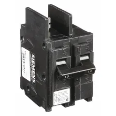 Bolt-on miniature circuit breaker for branch circuit protection in panelboards. Rated 10 A at 120/240V AC, 2 poles, with a 10kA interrupting capacity. Trips during overloads or short circuits to safeguard wiring and equipment.