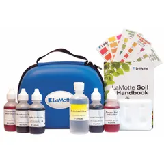 This soil pH test kit measures pH from 3.8 to 8.4, suitable for assessing soil acidity or alkalinity. It includes a spatula for sample collection. Used in agriculture and gardening to determine pH levels for plant growth.