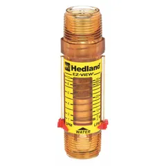 This HEDLAND inline flowmeter measures water flow using a variable-area scale display. It offers +/-5% accuracy and mounts in any orientation. Buna-N seals and O-rings provide fluid compatibility. The meter indicates flow in liters and is suited for monitoring water in industrial process lines, cooling circuits, and general hydraulic systems.