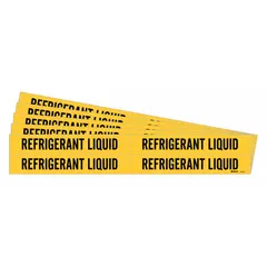 Yellow adhesive pipe marker with black legend reading 'Refrigerant Liquid'. Designed for pipes with outside diameter 3/4 to 2-3/8 inches. Pack includes 4 markers without directional arrows. Used to identify pipes carrying refrigerant liquid in HVAC and refrigeration systems.