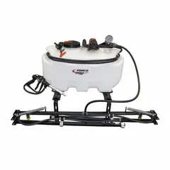 This FIMCO cordless tailgate sprayer mounts on an ATV or UTV for mobile application of herbicides, pesticides, fertilizers, and water. It features a 25-gallon tank and operates without a vehicle battery connection, suitable for agricultural, turf, and property maintenance tasks.