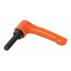 This straight teardrop-style adjustable handle from KIPP features a zinc body with a steel threaded stud. It has an 80 mm overall length, a 5/16"-18 thread, and a 20 mm thread length. The orange handle is used for clamping, positioning, and adjusting machinery components in industrial equipment, jigs, and fixtures.