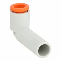Brass push-to-connect elbow fitting with two push-to-connect ends, one for 5/16 in OD tubing and the other for 1/2 in OD tubing. Used in pneumatic systems for connecting tubing in compressed air or inert gas lines, common in industrial automation and material handling applications