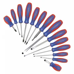 General-purpose screwdriver set with 14 pieces including Phillips, slotted, and Torx tips. Magnetized tips aid in screw retention during fastening and loosening tasks. Suitable for maintenance, assembly, and repair applications.