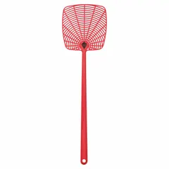 A manual pest control tool with a red plastic rectangular head for striking and eliminating flying insects. Suitable for use in outdoor areas such as patios and gardens, as well as indoor spaces like warehouses and commercial kitchens.