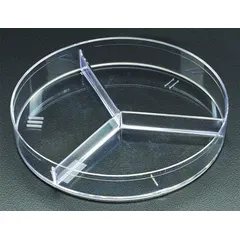 This 100 mm diameter, 15 mm height petri dish is made of clear polystyrene and is sterile. The surface is tissue culture treated to promote cell attachment and growth. It is used for routine cell culture, cloning, and assay applications in laboratory settings.
