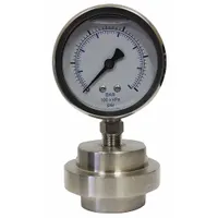Low-pressure dial gauge with 2 1/2 in dial, bottom connection, and 316 stainless steel mini-seal. Accuracy ±1.60%. 304 stainless steel case with glycerin fill; seal fill is mineral oil. Wetted parts are stainless steel. Used for isolating gauge from corrosive or viscous media in industrial processes
