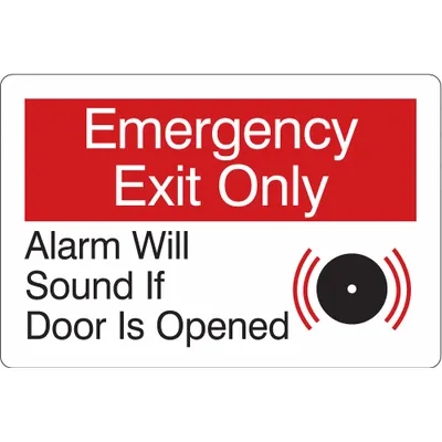 CONDOR Facility Sign: Acrylic, Adhesive Sign Mounting, 6 in x 9 in Nominal Sign Size - Emergency Exit Only: Alarm Will Sound If Door Is Opened Signs