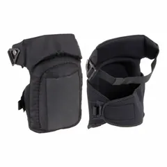 These knee pads feature a rubber cap and foam pad for kneeling comfort and protection. Two elastic straps with hook-and-loop closure and a clip/hook-and-loop attachment secure the pad. The hinge design with strategically located straps accommodates movement. Contains latex.