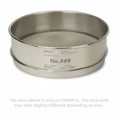 This test sieve features a #16 US Standard screen size, 8 in outside diameter, and 2 5/8 in height. Constructed with stainless steel frame and screen, it complies with ASTM E11 standards. Used for particle size analysis and material classification in laboratory and quality control settings.