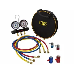 Manifold gauge set for automotive A/C systems using R-1234YF refrigerant. Includes two sets of 1/4" SAE high and low manual couplers. Used for pressure measurement and service of vehicle heating and cooling systems.