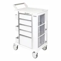 This medical procedure cart features an aluminum frame with white drawers and cabinet. It is equipped with two swivel casters and two swivel casters with brake for mobility and stability. Suitable for organizing and transporting instruments and supplies in healthcare settings