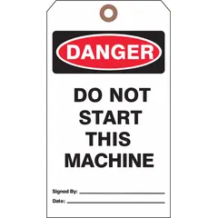 White single-part danger tag with cotton string fastener. Legend appears on one side only. Pack of 25 tags. Used for cleaning and maintenance lockout/tagout procedures to warn against machine startup or equipment use during servicing.