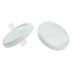 This non-sterile syringe filter features a 0.22 µm PTFE membrane in a polypropylene housing. It has a 100 mL maximum capacity, a female Luer lock inlet, and a male Luer slip outlet. Suitable for filtration of small-volume samples in laboratory applications, including solvent and aqueous solution filtration.