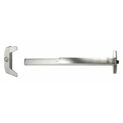 This rim-type exit device features a touchbar style and a chrome finish. It is ADA compliant and includes a night latch outside trim for key-locked exterior access. Suitable for commercial and institutional doors up to 3 ft wide requiring code-compliant egress.