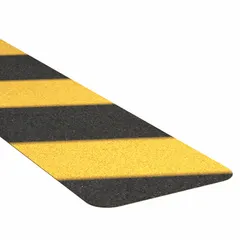Pressure-sensitive antislip treads with coarse 60-grit abrasive surface and 36 mil thickness. Black/yellow striped strips for visual warning. Chemical-resistant adhesive for indoor and outdoor use on stairs, ramps, and walkways. Meets ANSI standards. Pack of 50.