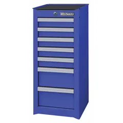 This WESTWARD side cabinet provides light-duty storage for tools and small parts. It features seven blue drawers with ball bearing slides for smooth operation. The padlock locking system secures the contents. Suitable for use as an add-on to compatible workbenches or as a standalone unit in workshops and industrial facilities.