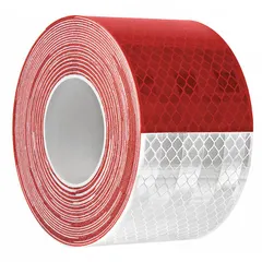 Red/white reflective tape with acrylic adhesive, 2 inches wide and 30 feet long. Designed for rail applications to enhance visibility and safety. White reflective color provides high conspicuity in low-light conditions.