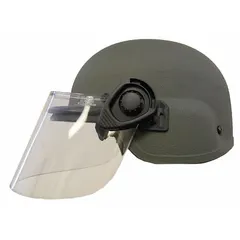 Level IIIA ballistic helmet with Aramid shell, suspension system, and integrated Paulson face shield. Fits hat size S. Provides head and face protection for tactical and security operations.