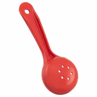 This perforated acetal spoon provides consistent 2 oz portions for solid foods in commercial kitchens. The red color aids identification, and the short handle design suits high-volume serving. NSF certified for food contact