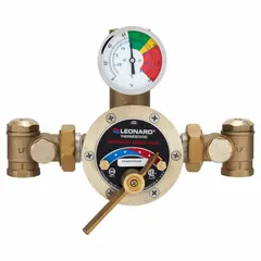 Thermostatic mixing valve for blending hot and cold water to a controlled outlet temperature. Constructed with bronze body and NBR seals, featuring union connections. Suitable for emergency fixture applications such as safety showers and eyewash stations in commercial and industrial settings.
