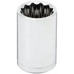 This 1/2" drive hand socket features a 9/16" SAE socket size with a 12-point standard configuration. Constructed from chrome, it is designed for manual use with ratchets and breaker bars to tighten or loosen fasteners in automotive, machinery, and general assembly applications.