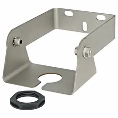 Mounting bracket for non-contact ultrasonic liquid level sensors. Compatible with ECHOBEAM LR80-0000 and LR80-0010 sensor models. Overall length 4.7 inches, overall height 2.8 inches. Used to secure sensors in tanks or vessels for fluid level monitoring.