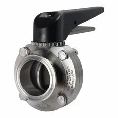 This 3-A certified butterfly valve features a 304 stainless steel body and disc, with a clamp connection and lever handle offering 24 stop positions. Rated for 110 psi CWP, it has an average surface roughness of ≤ 32 micron, suitable for sanitary flow control in food, dairy, beverage, and pharmaceutical processing.