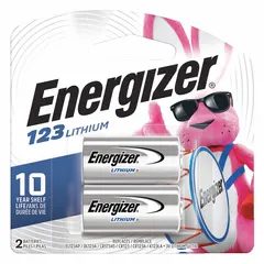 Lithium battery in 123/CR123 size, delivering 3V DC with 1500 mAh capacity. Suitable for powering devices such as cameras, flashlights, and security sensors that require this battery type. Supplied as a 2-pack.