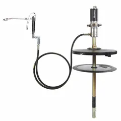 Pump-only unit with a 50:1 pressure ratio for transferring heavy lubricants from standard drums. Operates with compressed air in industrial lubrication systems.