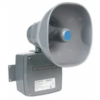 This horn alarm is designed for hazardous locations and operates at 120V AC. It produces a horn sound for audible signaling and is suitable for indoor and outdoor use. The unit is housed in a gray enclosure