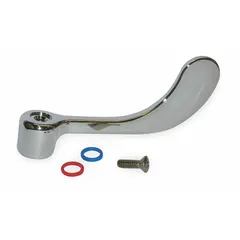 This wristblade handle is constructed of brass with a chrome finish and includes a blue index ring. It is designed for use with American Standard Monterrey series faucets and is suitable for hot and cold water temperature control. Typical applications include commercial and institutional washrooms where easy-grip or hands-free operation is desired.
