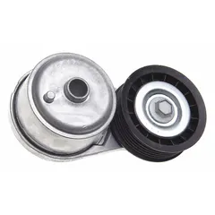 Self-adjusting belt tensioner for light-duty vehicle accessory drive systems. Features a single thermoplastic pulley that automatically compensates for belt stretch to maintain proper tension. Suitable for serpentine or accessory drive belts in automotive maintenance and repair.