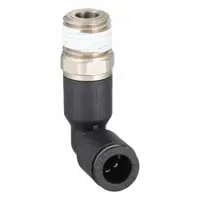This nylon and nickel-plated brass elbow fitting connects 1/4 in OD tubing to 3/8 in male NPT threads via push-to-connect technology. Suitable for pneumatic systems in industrial automation, packaging, and material handling applications. Sold as a 10-pack