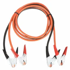 This clamp jumper cable features 1 AWG wire gauge and a 25 ft length for battery boosting applications. It has spring clamp grip jaws and a crimped connection. The cable jacket is black with orange accents.