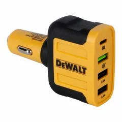 This 12V vehicle auxiliary charger from DEWALT features four USB ports with a total output of 60W, enabling simultaneous charging of multiple devices such as phones and tablets. The black/yellow unit is designed for universal device compatibility and plugs into a standard 12V vehicle outlet. Suitable for use in cars, trucks, and fleet vehicles to keep electronics powered on the road.