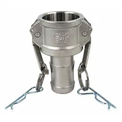 This Type C cam and groove fitting is a male hose shank coupling with a 316 stainless steel body and nitrile gasket. It includes a locking arm and is rated for 250 psi maximum working pressure at 70°F. Used for quick-connect hose connections in fluid transfer applications.