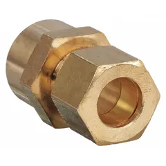 This low-lead brass compression fitting connects 3/8 in OD tubing to a 5/8 in OD cup end. It is used in plumbing and HVAC systems for water or air lines, providing a leak-resistant seal in industrial and commercial applications.