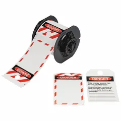 Roll of 100 pre-cut polyester danger tags, each 5 3/4 in x 3 1/4 in, white. For indoor/outdoor use with S3700 printer series and B30-R10000 ribbon. Used for safety labeling on equipment, pipes, or access points in industrial facilities.