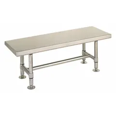 This fixed-height lab table features a stainless steel surface and measures 18 inches in overall height and 6 feet in overall length. It is suitable for use in laboratory settings where a stable, cleanable work surface is required.