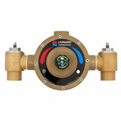 This point-of-use thermostatic mixing valve blends hot and cold water to deliver a consistent outlet temperature. It features a PTFE-coated brass shuttle for temperature regulation. The valve has 2-inch inlet and outlet connections. Typical applications include commercial and industrial shower systems, washdown stations, and process water systems requiring scald protection and temperature stability.