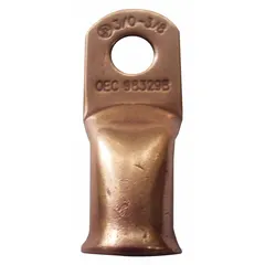 This straight copper lug is designed for 4/0 gauge wire and accepts a 1/2 inch stud. It supports both crimp and solder connections for secure terminations in high-current applications such as battery connections and electrical panels.