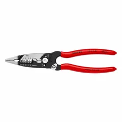 Steel-bodied wire stripper with polypropylene non-slip grip, 8 in overall length. Features locating ridges for precise stripping and an integrated screw shear for cutting screws. Deluxe cushion grip provides comfort during extended use. Suitable for stripping NM-B cable and cutting screws in residential and light commercial wiring applications.