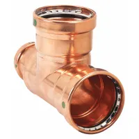 This tee fitting is used to branch flow in copper or bronze tubing systems, connecting a 3 in CTS main line to a 1 1/4 in CTS branch line. It features a Dimple Center Stop for consistent insertion depth and is designed for press-fit installation