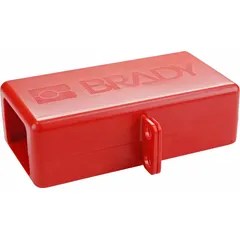 This lockout device is made of ABS plastic and is used to secure battery cables during lockout/tagout procedures, preventing accidental energization. It accommodates a maximum plug diameter of 1 1/2 in and a maximum cord diameter of 4 5/32 in. Typical applications include industrial maintenance, electrical safety, and vehicle service.